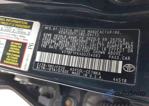 2013 Toyota Camry Le from USA, damaged, VIN 4T1BF1FK4DU254083